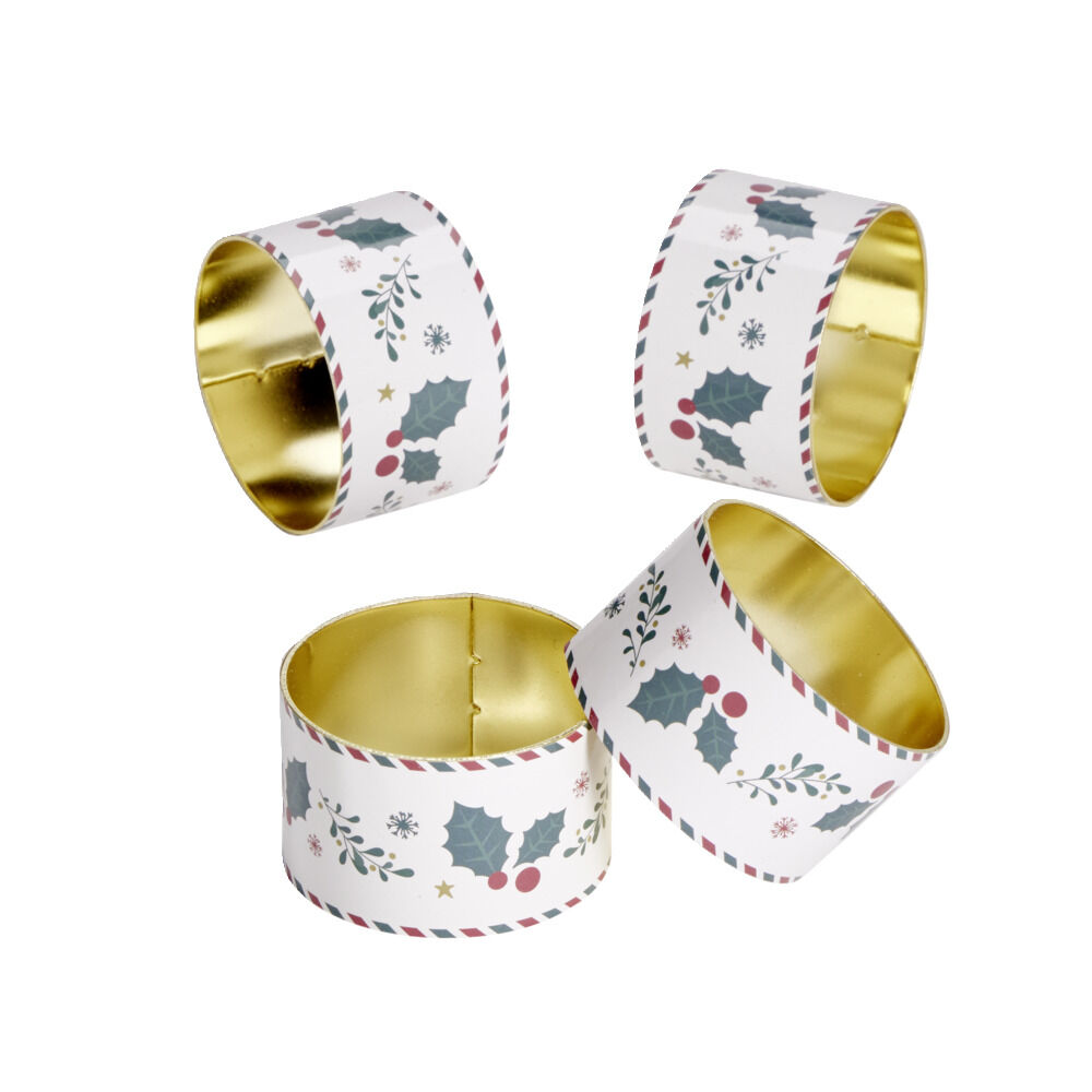 Rond de serviette en zinc motif houx Ø5cm 4 pièces