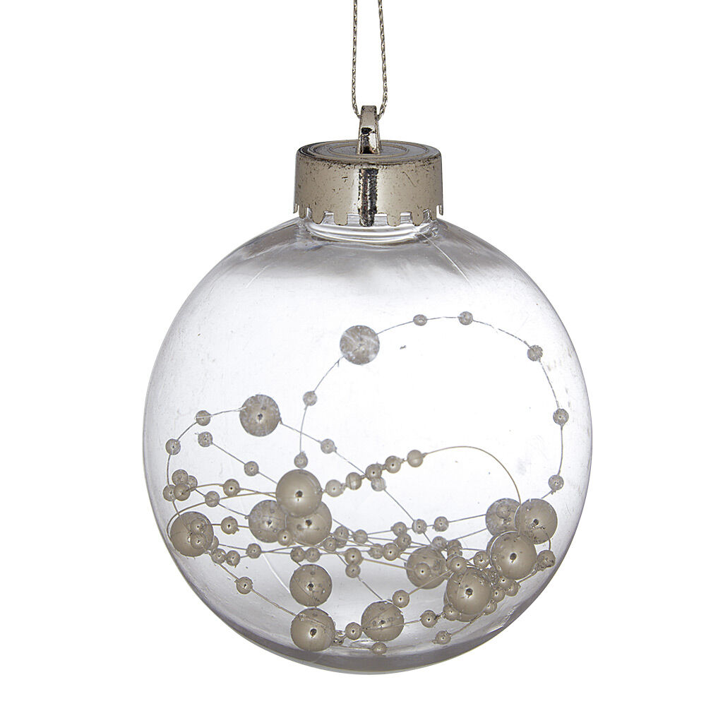 Boule de No&euml;l transparente avec perles gris argenté Ø8 cm