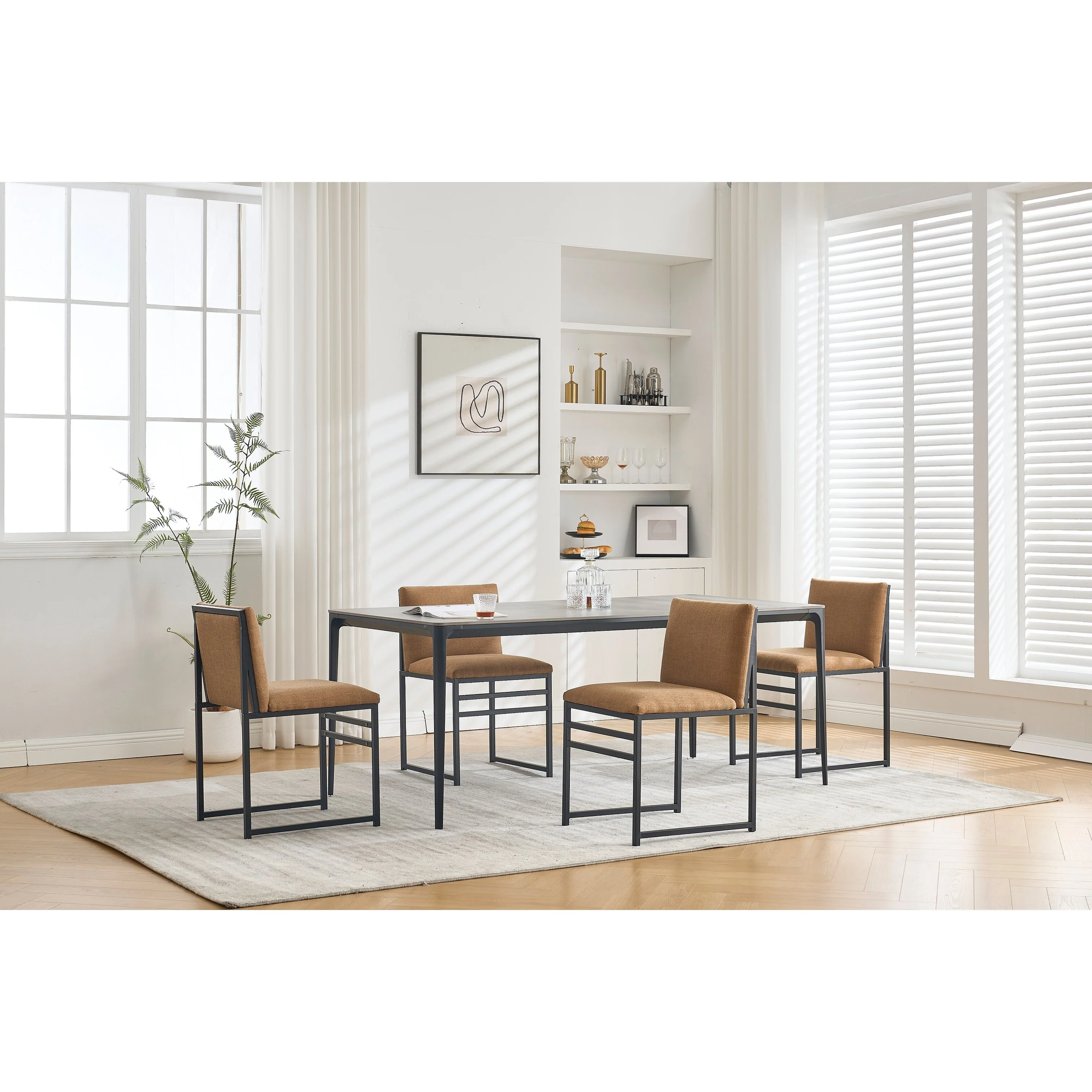 Modern Dining Chairs Set Of 2, Upholstered Linen Cushions And Backrest With Minimalist Craft Iron Racks