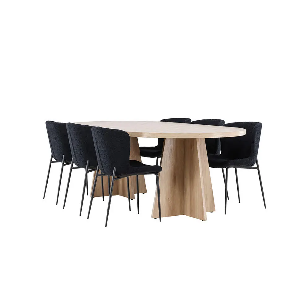 Hioshop Bootcut eethoek tafel 115x230cm en 6 teddy stoelen naturel