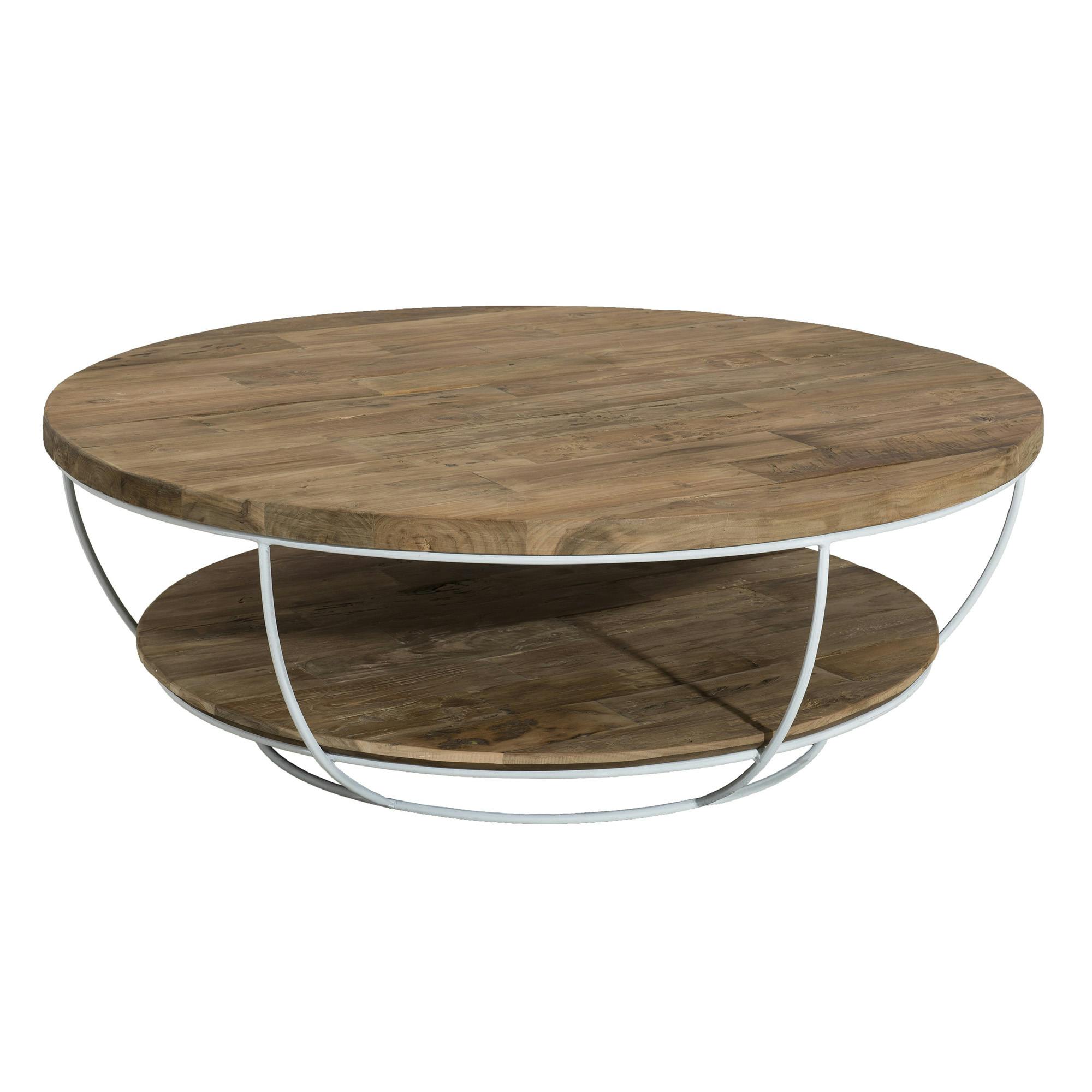 Table basse ronde teck recyclé structure filaire blanche 2 plateaux SWING