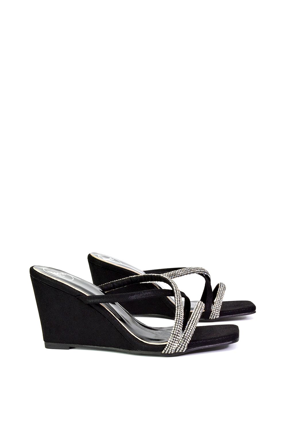 XY London Kinsley' Diamante Strappy Square Toe Sandal Wedge Heels