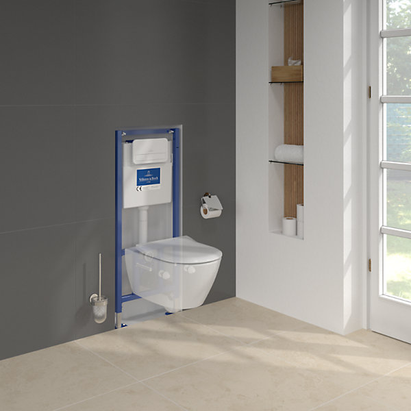 Pack WC sans bride VILLEROY ET BOCH Subway 2.0 abattant frein de chute   bâti-support sol et mur  plaque Chromé mat  Tabouret bois