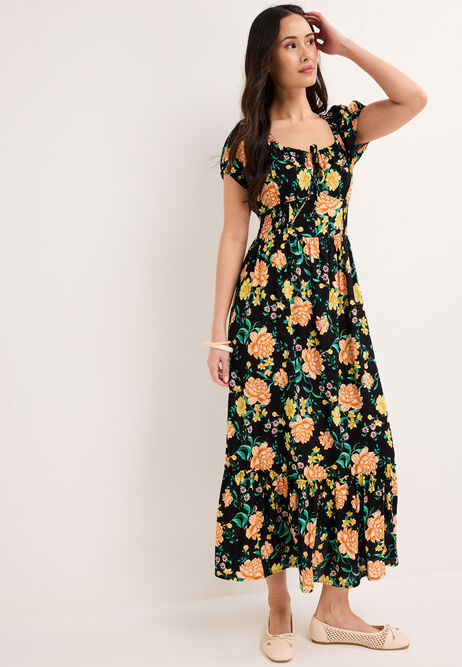 Womens Orange Floral Milkmaid Midi Dress
