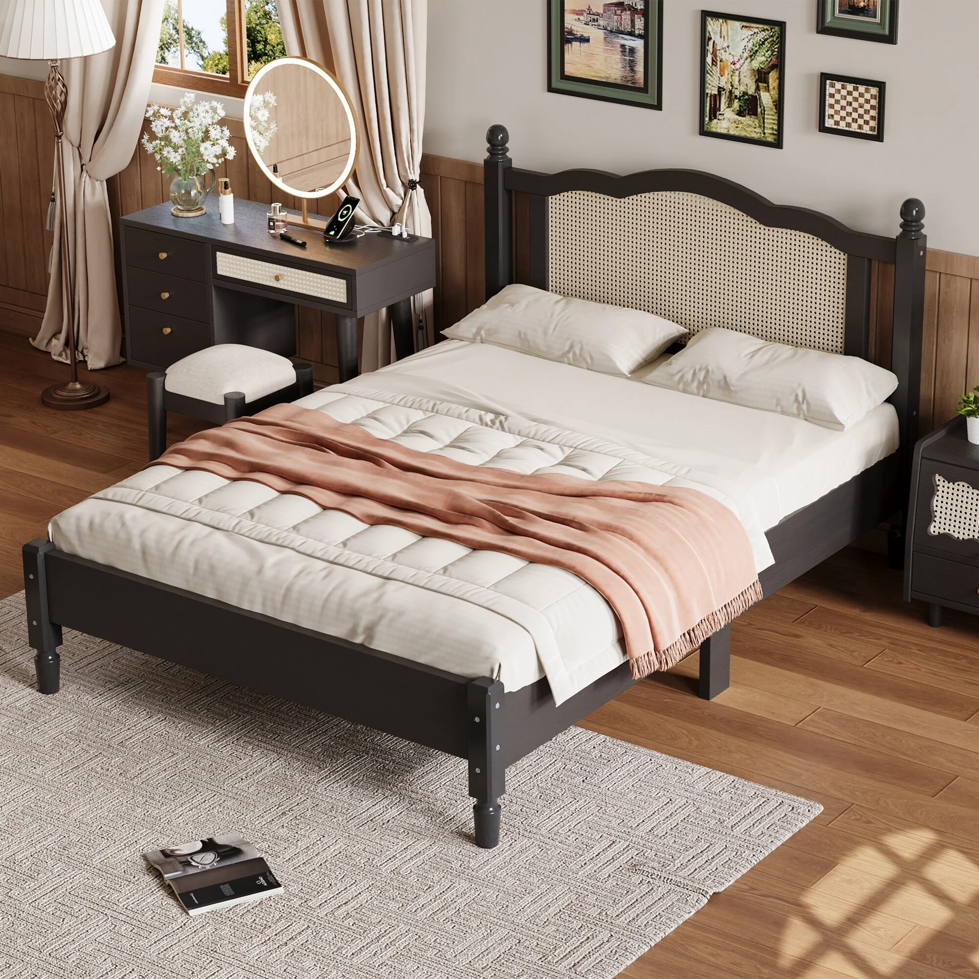 Wood Platform Bed with Natural Rattan Headboard, Minimalist Design for Bedroom