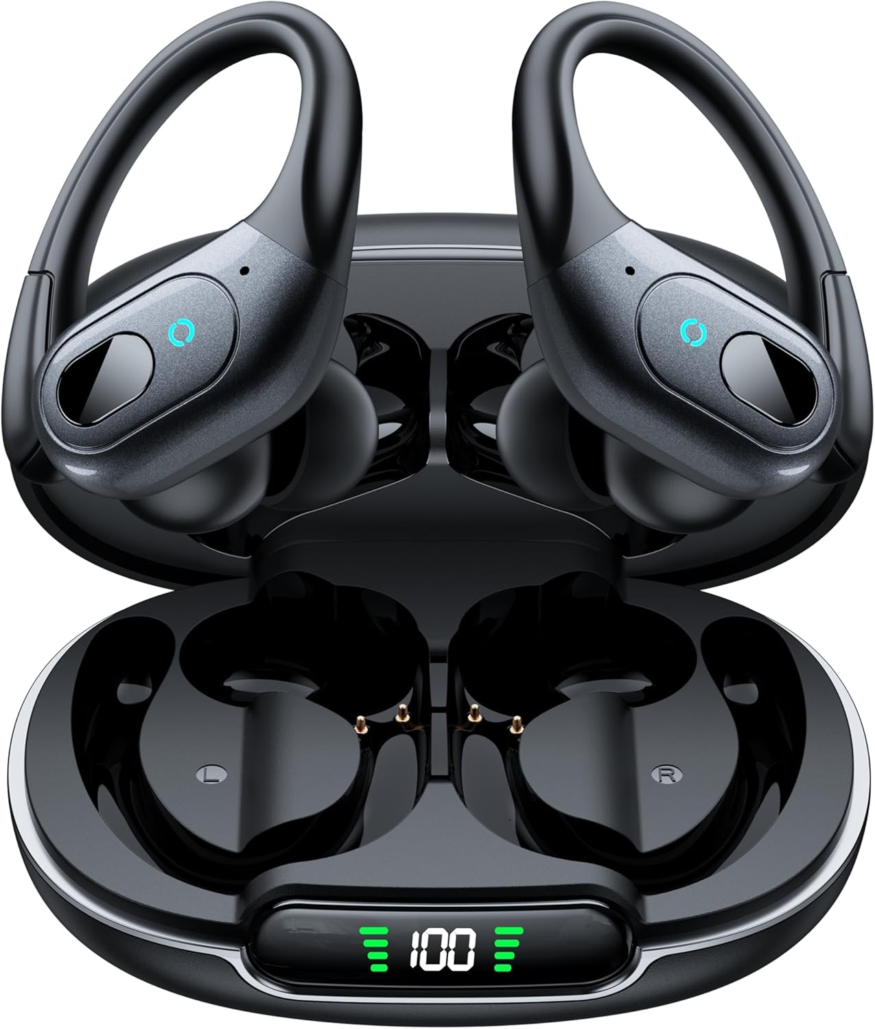 occiam Active Noise Cancelling Earbuds Wireless Bluetooth Headphones Ear Buds 90Hrs Playback Stereo Bass Earphones with Mic Over-Ear Hooks IPX7 Waterproof Headset for Work Sports Running Matte Black