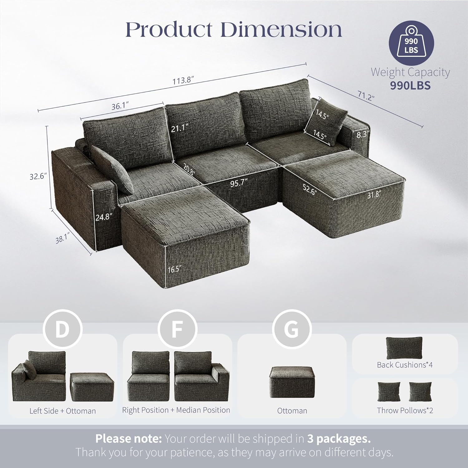 Hanherry 113.8” Boneless Couches L Shaped Sofa for Living Room, Modular Sofa Memory Foam, Comfy Chenille Sofa with Deep Seat & Movable Ottoman for Apartments, Bedroom, No Assembly Required, Dark Gray