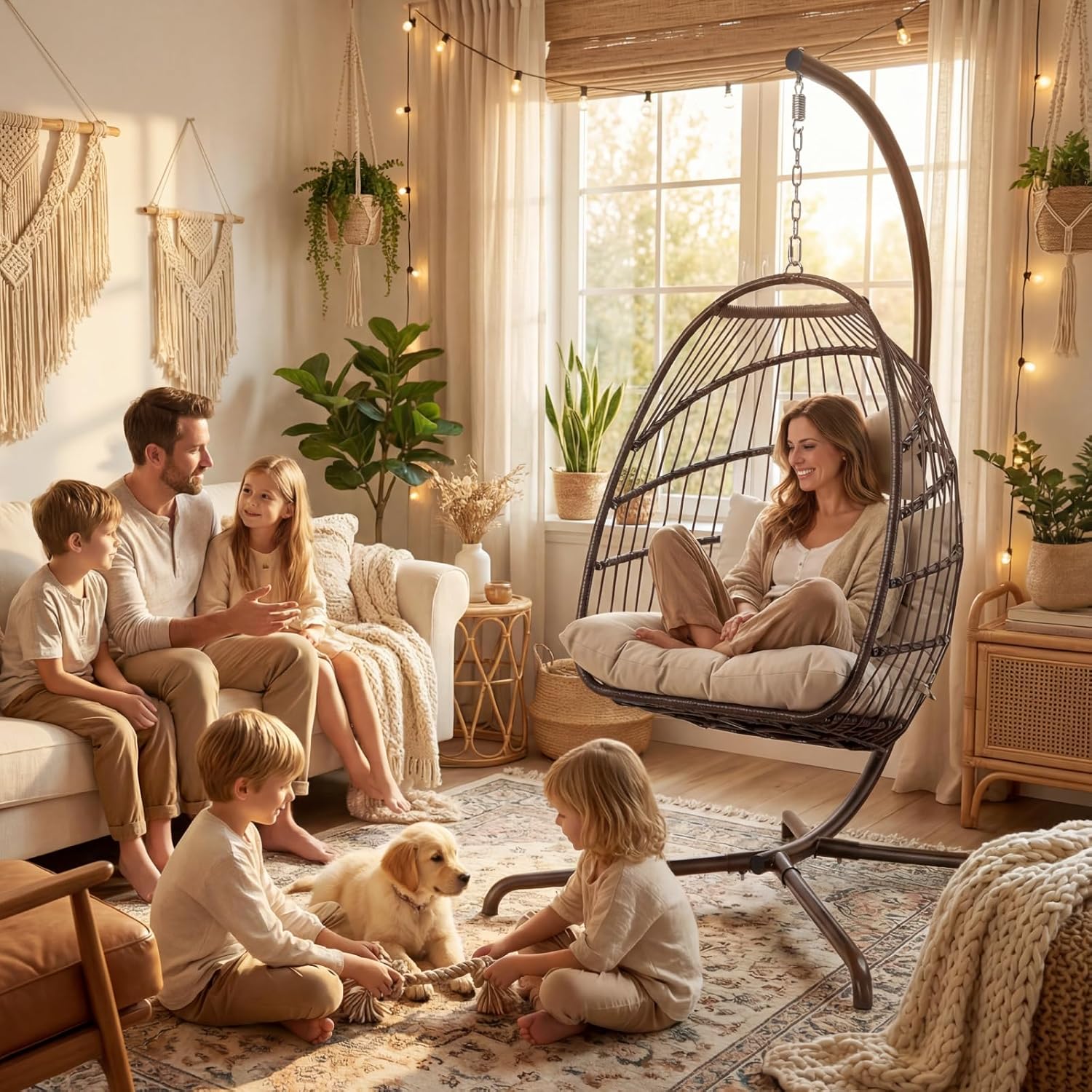 NICESOUL Egg Chair with Stand Indoor Outdoor, Patio Wicker Hanging Chair with Cushion, Swing Hammock Egg Shell Chairs, 350lbs Capacity Swinging Chair for Backyard, Balcony or Porch, Brown with Cover