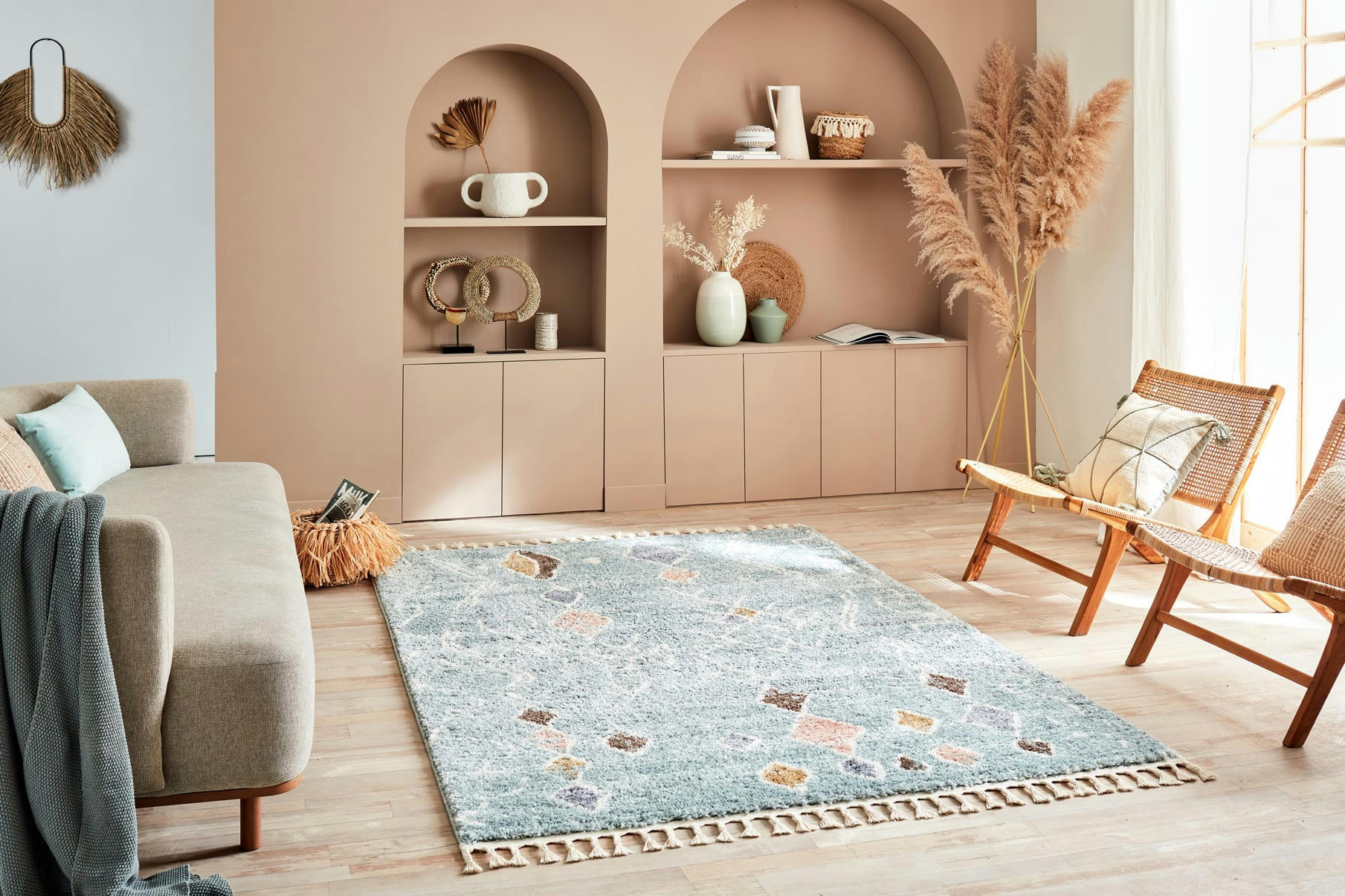 DELYA - Tapis de salon berbere 200x290 turquoise à frange