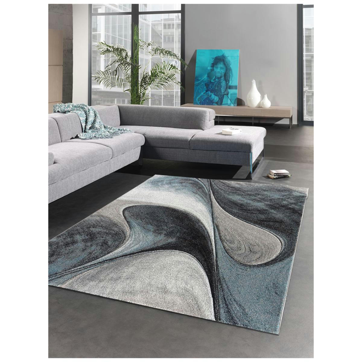 MADILA - Tapis salon bleu 100x100 carré