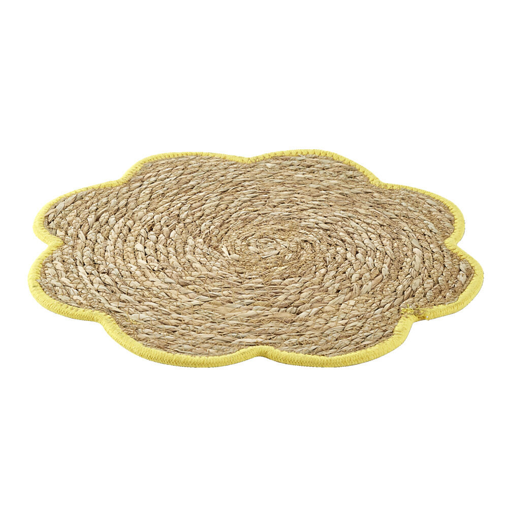 Set de table jonc de mer tressé et coton forme fleur contour jaune Ø38cm