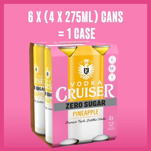 Vodka Cruiser Sugar Free Pineapple, Refreshing Flavoured Pre-Mixed Vodka Drink, 4.6% ABV, 275mL (Case of 24 Cans)