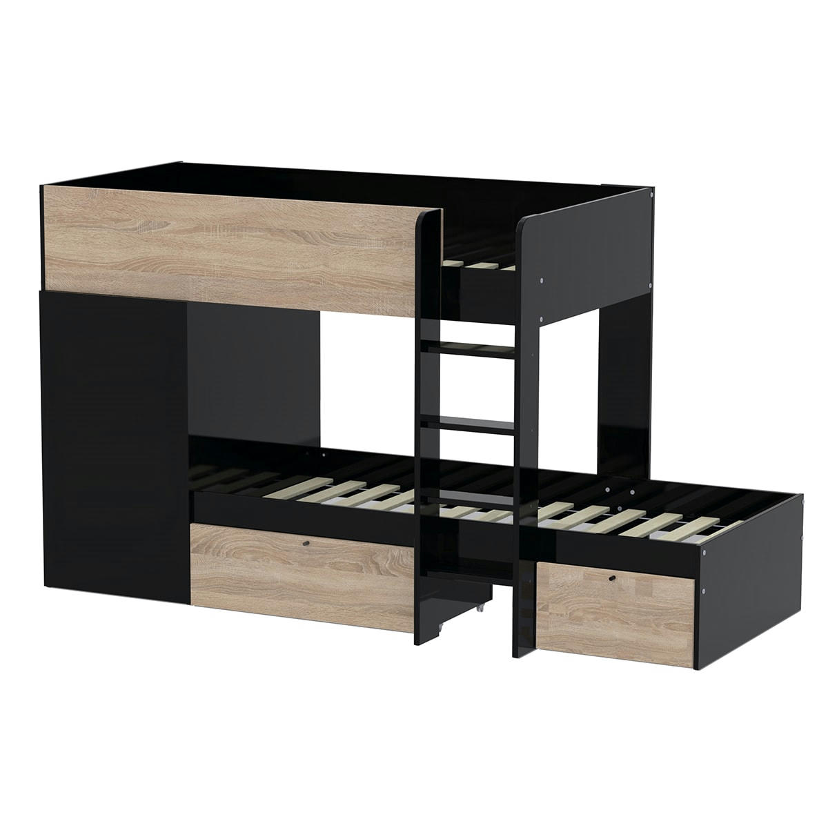 TWIN - Lit superposé 90x190 armoire tiroirs noir naturel