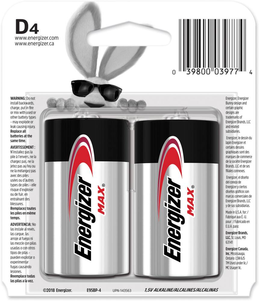 Energizer Max 4-pk D Alkaline Batteries, Long Lasting, All Purpose