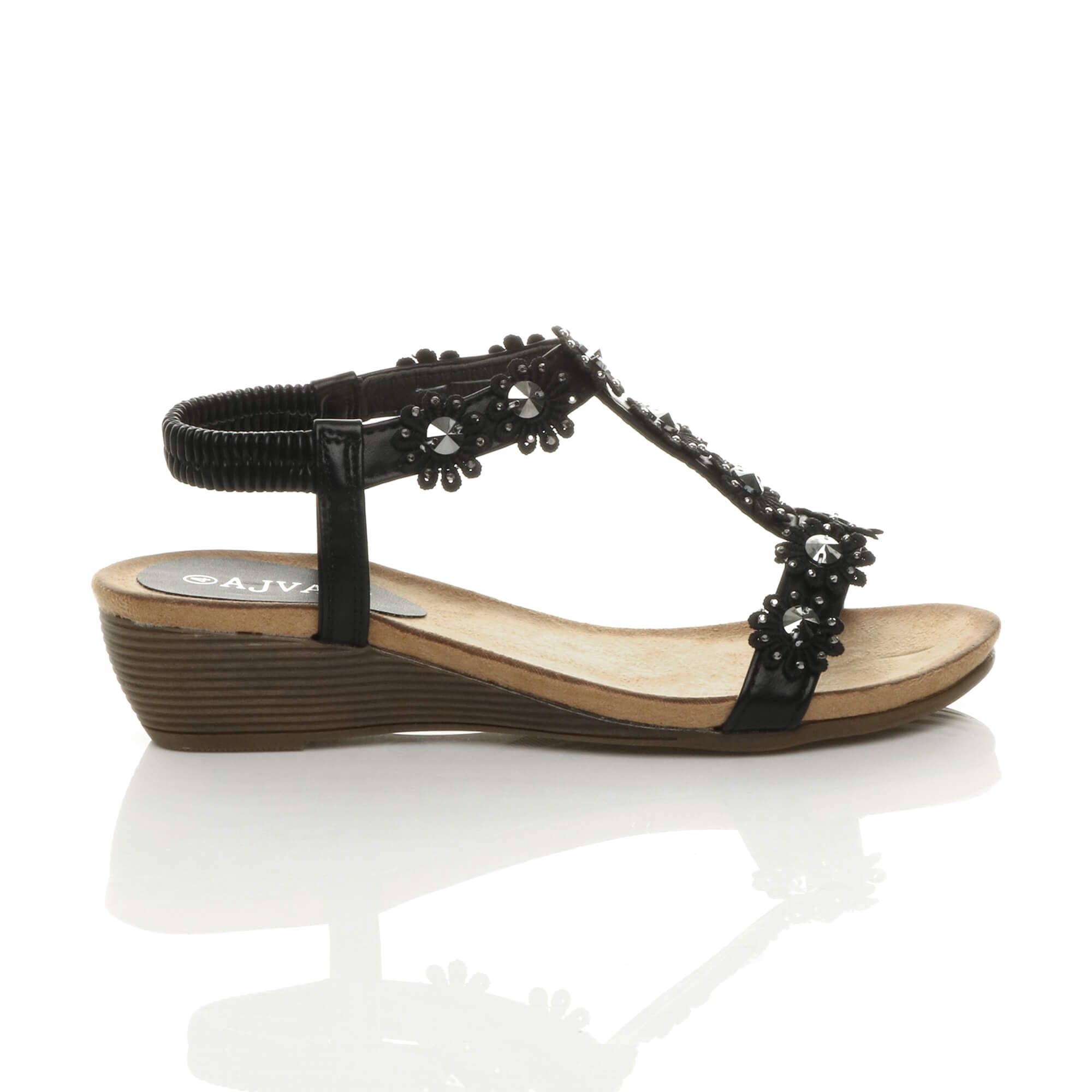 AJVANI Low Wedge Heel Strappy T-Bar Flower Slingback Sandals