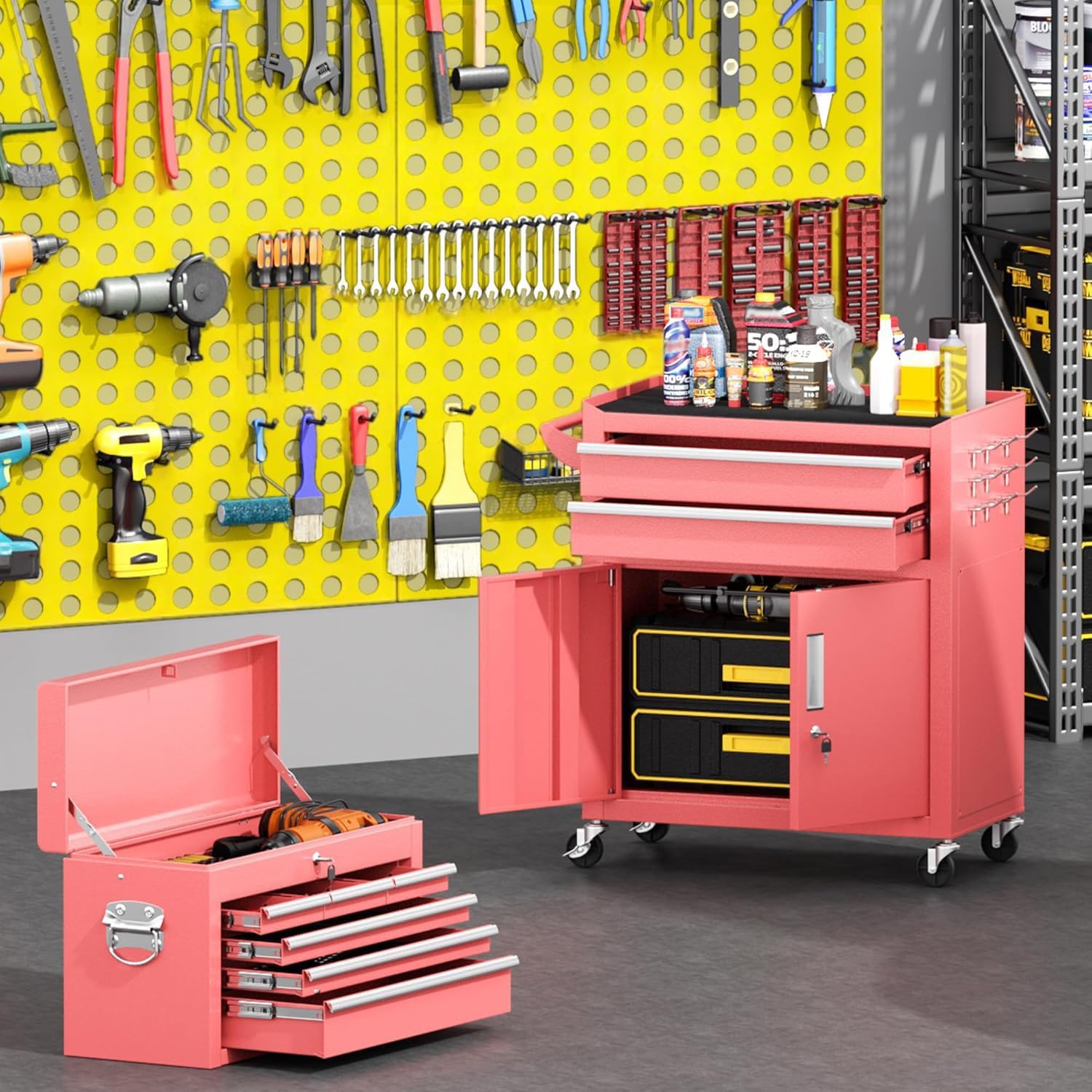 Greenvelly Tool Chest, 8-Drawer Rolling Tool Chest with Wheels, Detachable Top Tool Box, Assembled Tool Chest with Liner & Hooks, Rolling Tool Box for Garage, Workshop, Warehouse, Pink