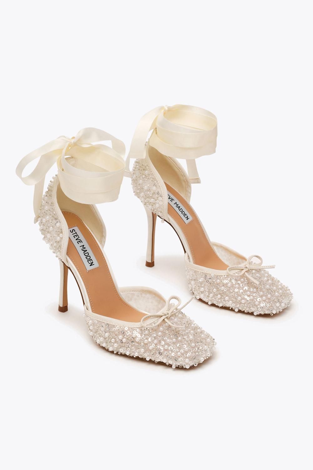 STEVE MADDEN Larina White Sequin' Fabric Heels