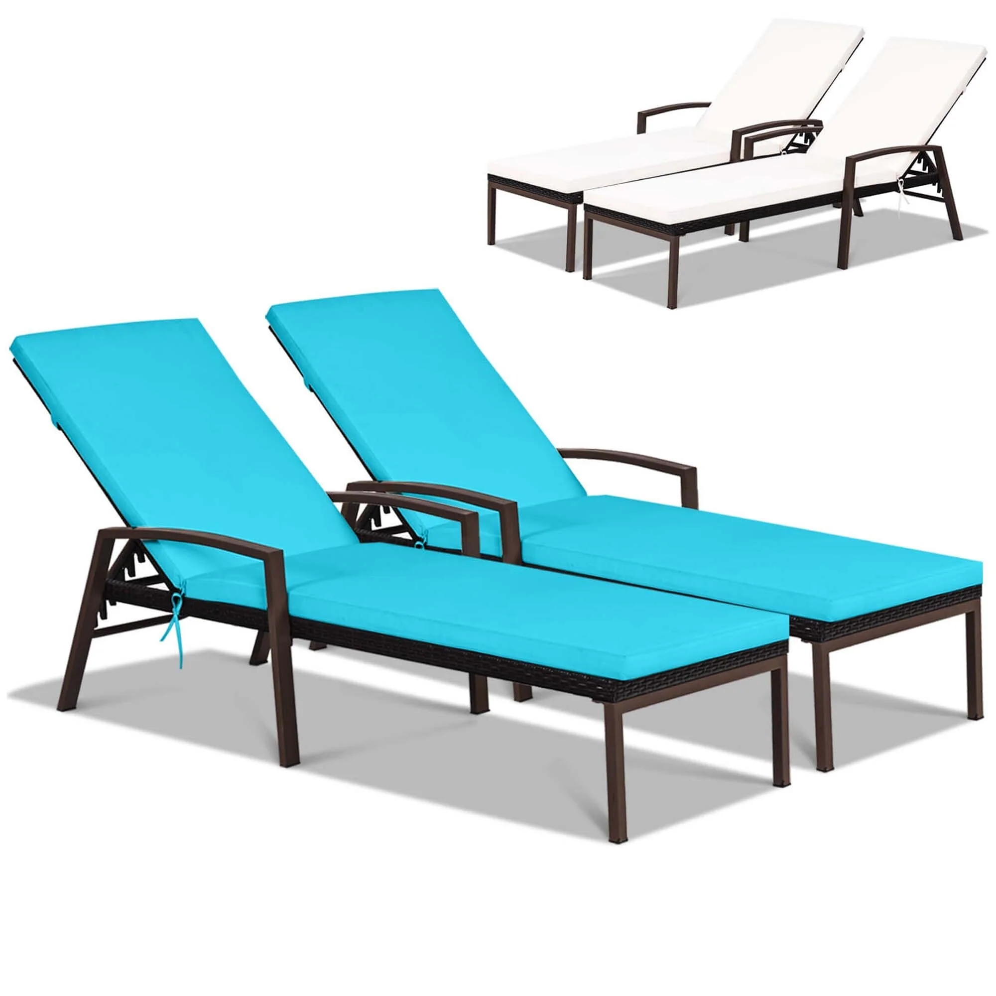 2 PCS Patio Rattan Chaise Lounge Chairs w/ 2 color Cushion Cover