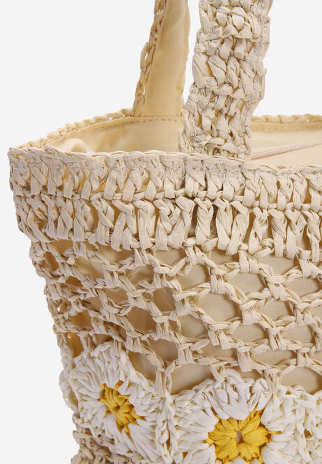 Womens Neutral Crochet Daisy Tote Bag
