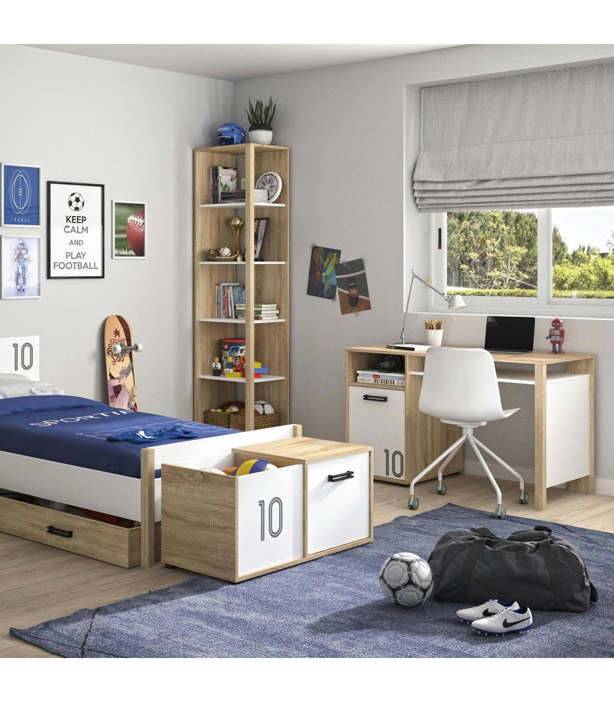 - Bureau avec 1 porte et rangements L120cm - Marron clair et blanc