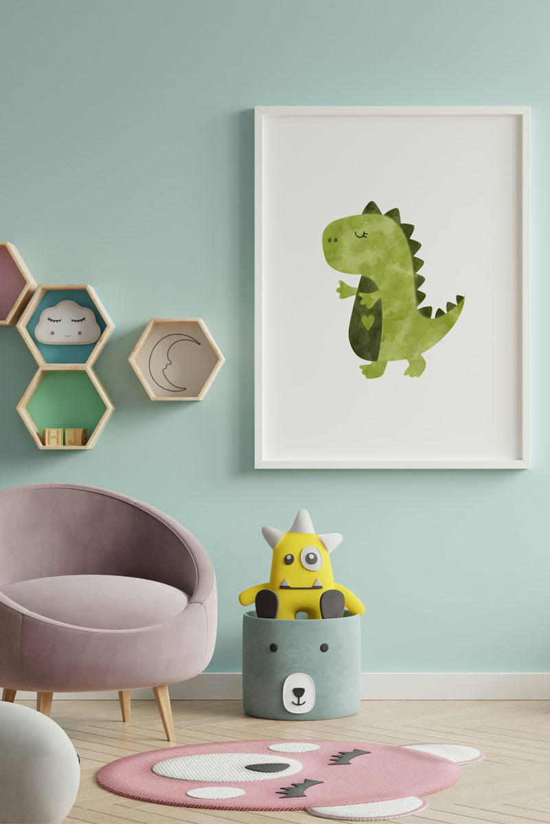 DECOWALL - Impression de dino encadrée en bois blanc 43X33 cm