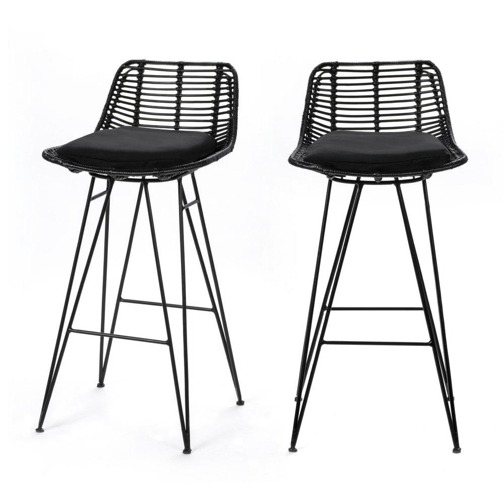 CAPURGANA - Lot de 2 chaises de bar design en rotin 67cm noir
