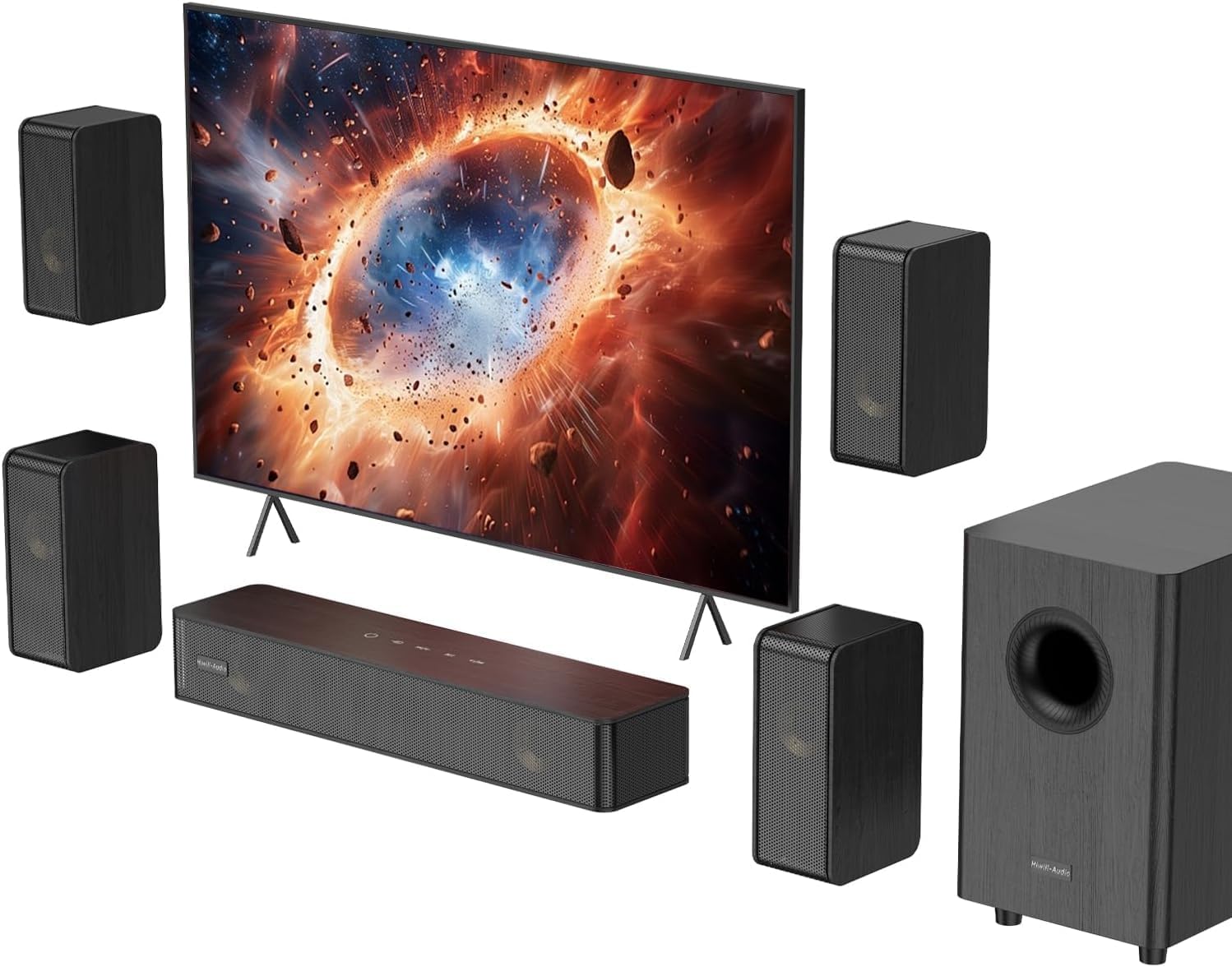 5.1.2 Virtual Surround Sound System for Small Rooms, Compact Smart TV Sound Bars Home Theater w/4 Wired Speakers, Clear Voice & Deep Bass, 5.25'' Wired Subwoofer Soundbar Easy Setup, ARC/OPT/BT, 2026