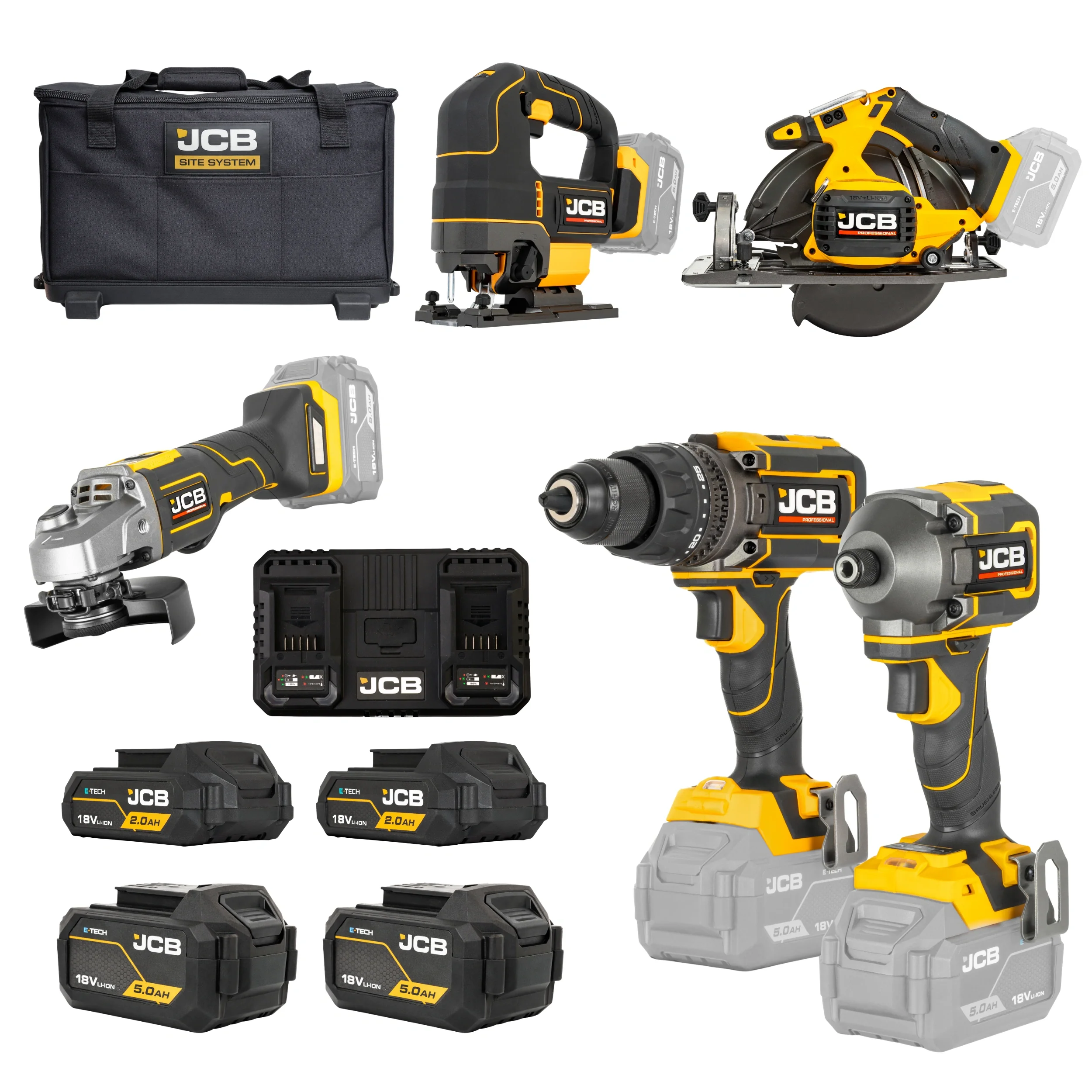 JCB Professional Zestaw elektronarzędzi 5 w 1 Wiertarko-Wkrętarka 160Nm + Zakrętarka 230Nm + Pilarka 185mm + Szlifierka 125mm + Wyrzynarka 18V 2x 2,0Ah + 2x 5,0Ah Ładowarka + Torba Site System