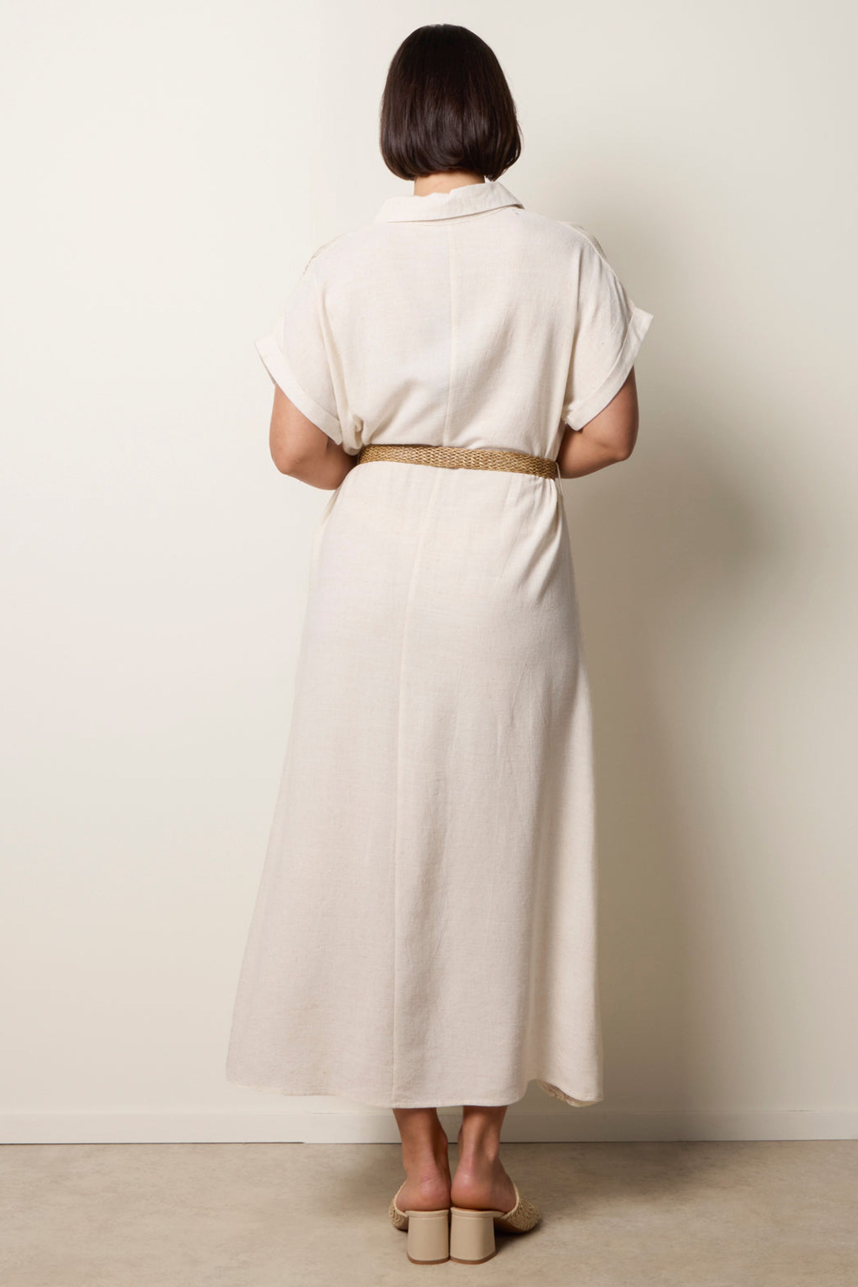 Blue Vanilla Off White Linen Belted Dress With Feather Embroidery