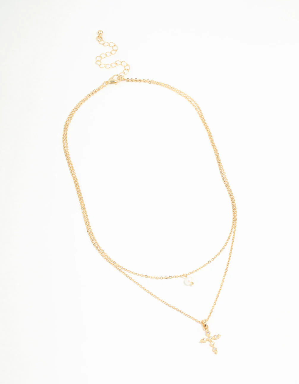 Gold Plated Pearl Diamante Cross Necklaces 2-Pack
