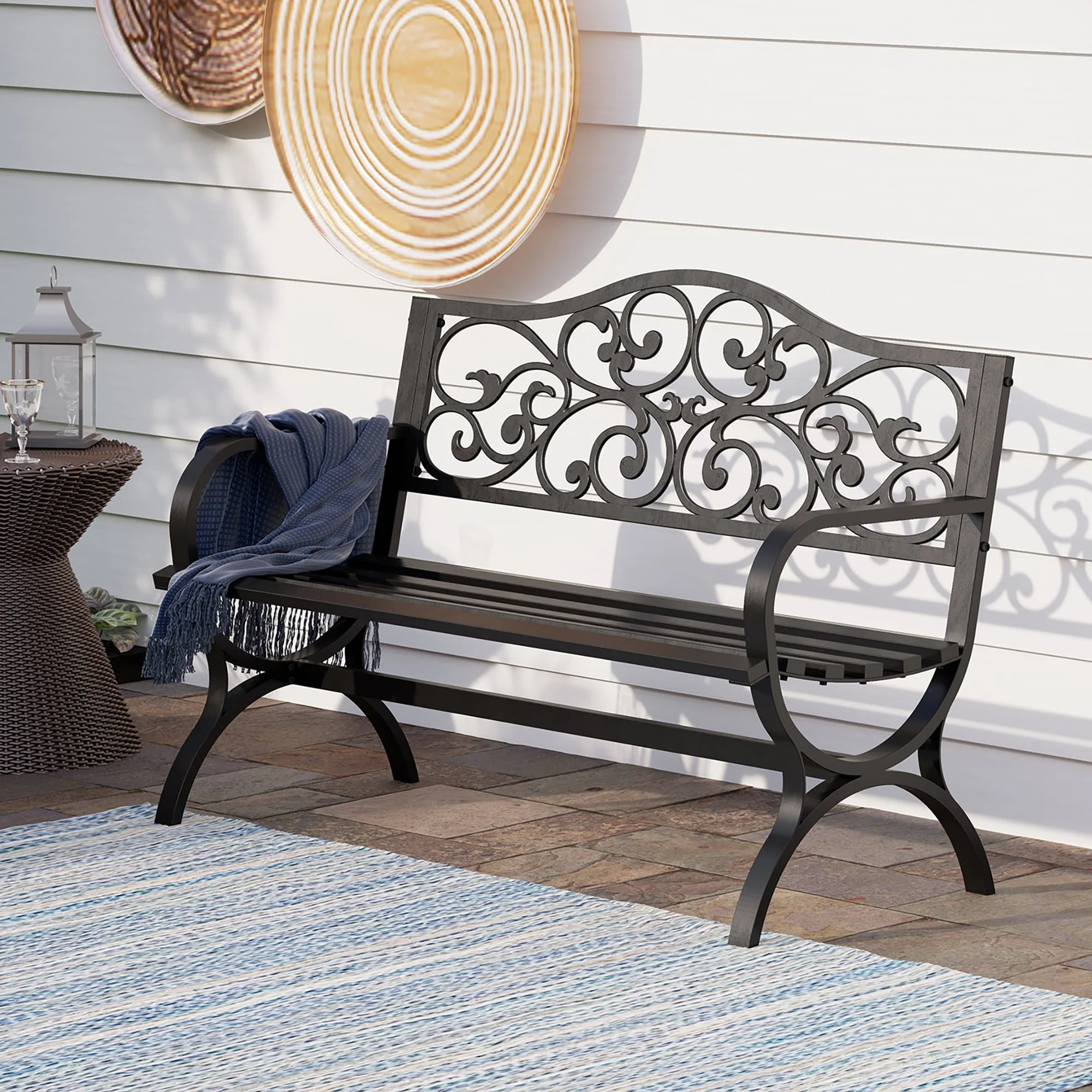 MAISON ARTS Garden Bench Cast Iron Steel Frame 50 Inch Flower Pattern Bench