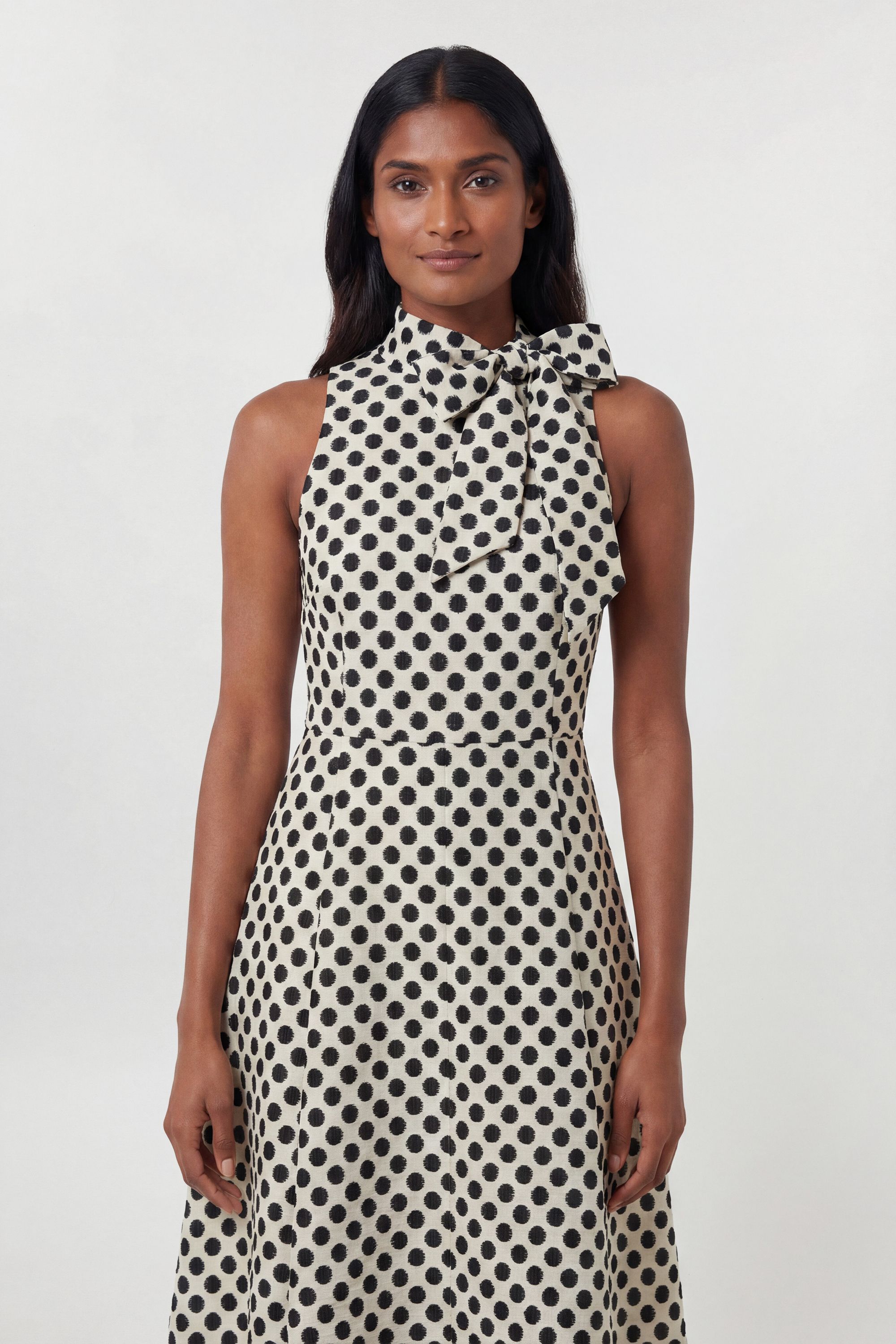 KarenMillen Spot Jacquard Tailored Bow Neck Full Skirted Midi Dress