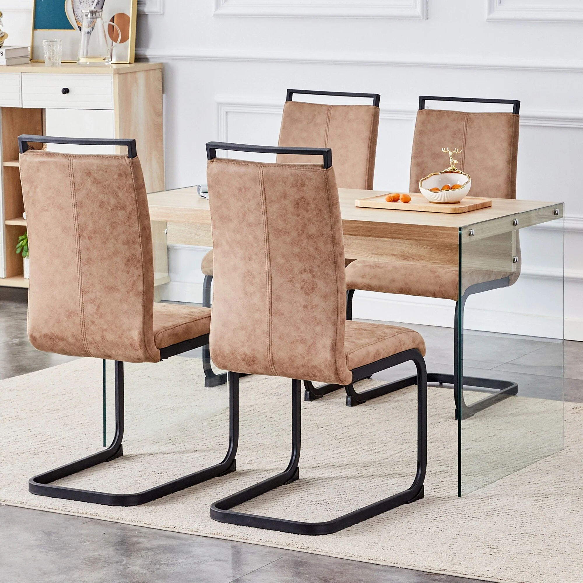 Modern Style 5-Piece Dining Table Set with Tempered Glass Legs and 4 Technology Fabric Chairs