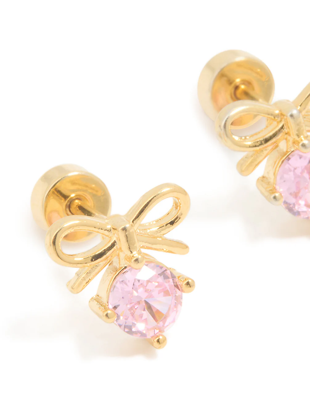 Kids Gold Plated Surgical Steel Pink Cubic Zirconia Bow Flat Back Earrings