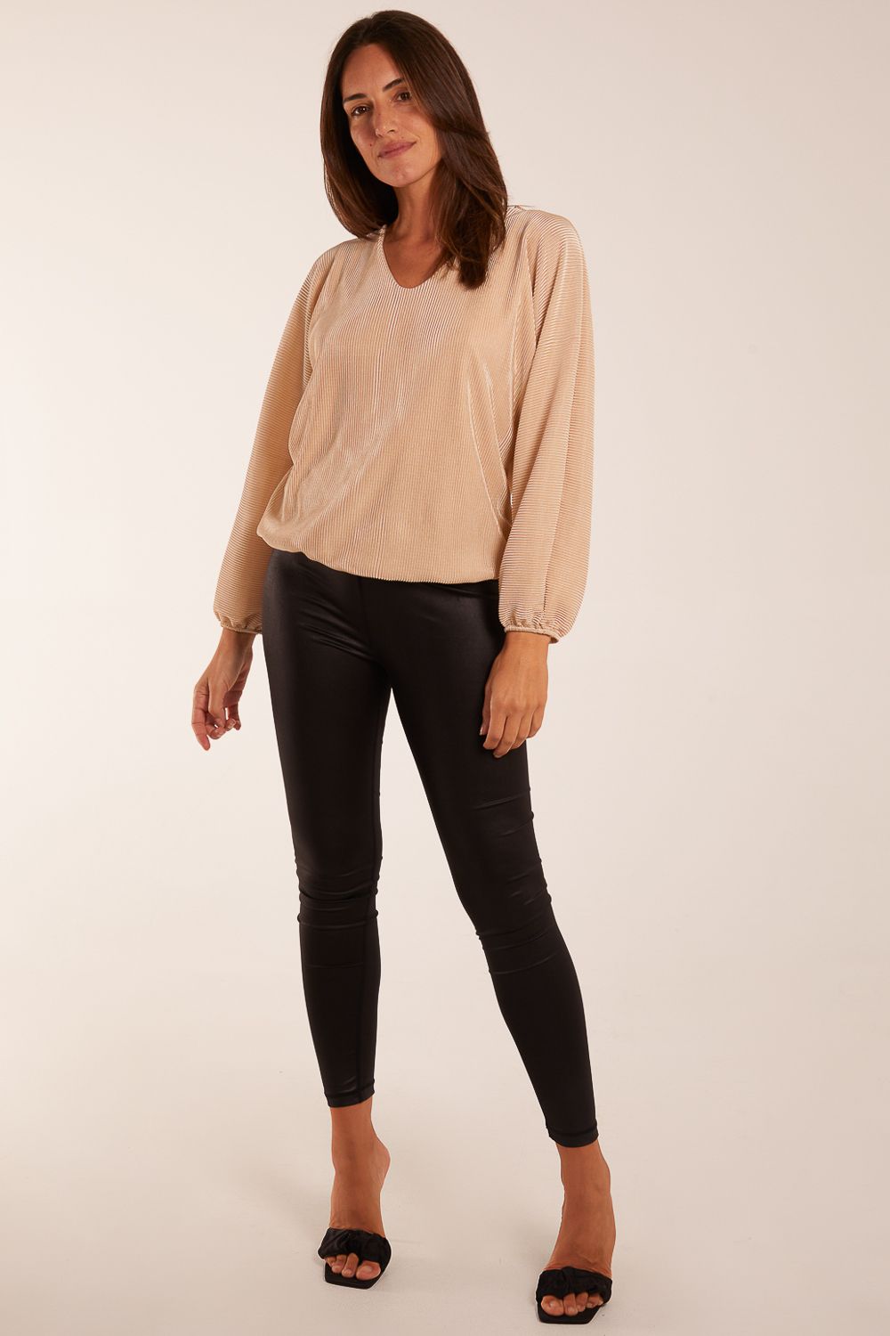Blue Vanilla V Neck Plisse Batwing Bubble Hem Top