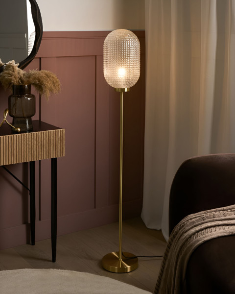 Stojąca lampka z żelazną podstawą i kloszem złota