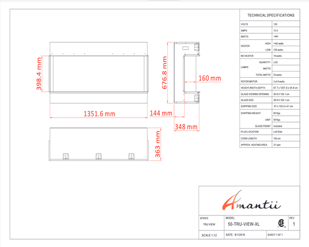 Amantii Smart 50" 3 sided glass electric fireplace Built-in only