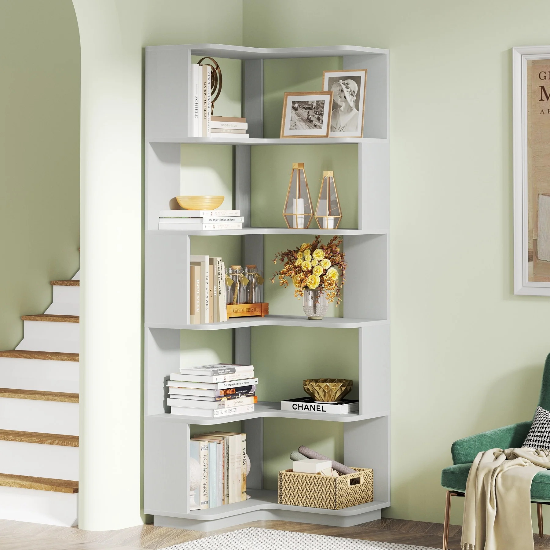 6-Tier Corner Bookshelf, Modern Bookcases for Home Office, Living Room - 23.62 D x 23.62 W × 64.96 H