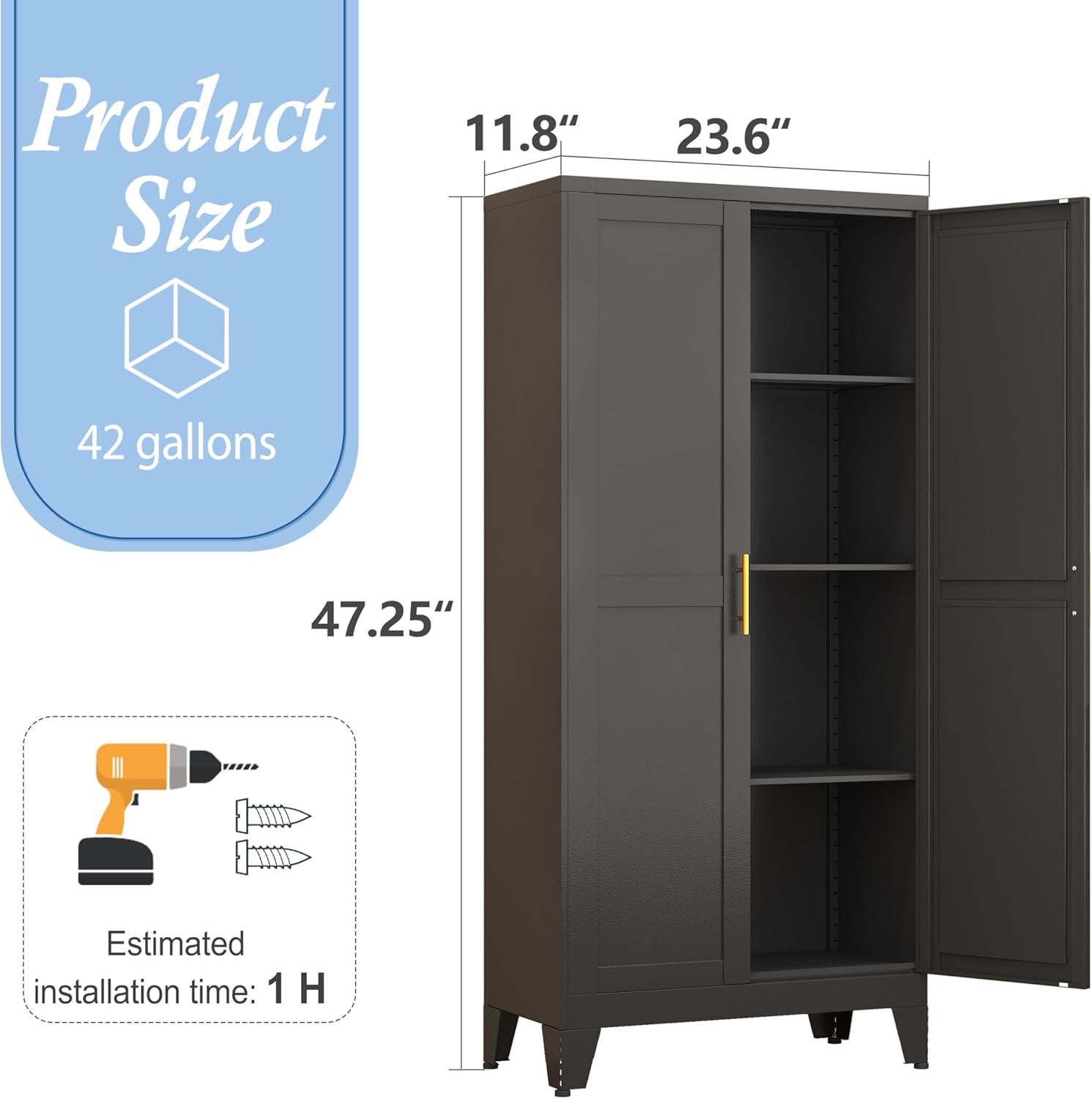 Black Metal Storage Cabinet, 48 Steel Cabinets for Home Office, Kitchen Pantry Storage Cabinet with Doors and 3 Adjustable Shelves, for Office, Home, Garage, School