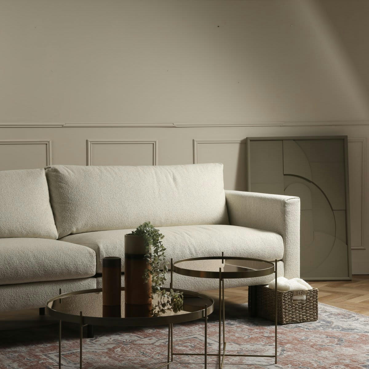 TEULLY - Canapé moderne 3,5 places en tissu beige