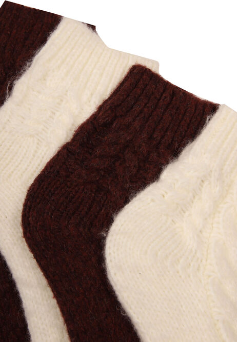 Womens 2pk Burgundy & Cream Heavy Weight Cable Socks