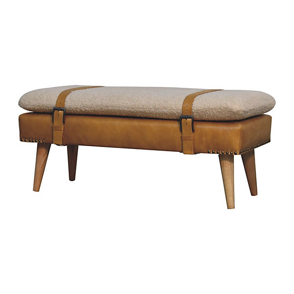 Artisan Furniture Bois massif bouclé peau de buffle Tan cuir banc, rembourré, marron &crème