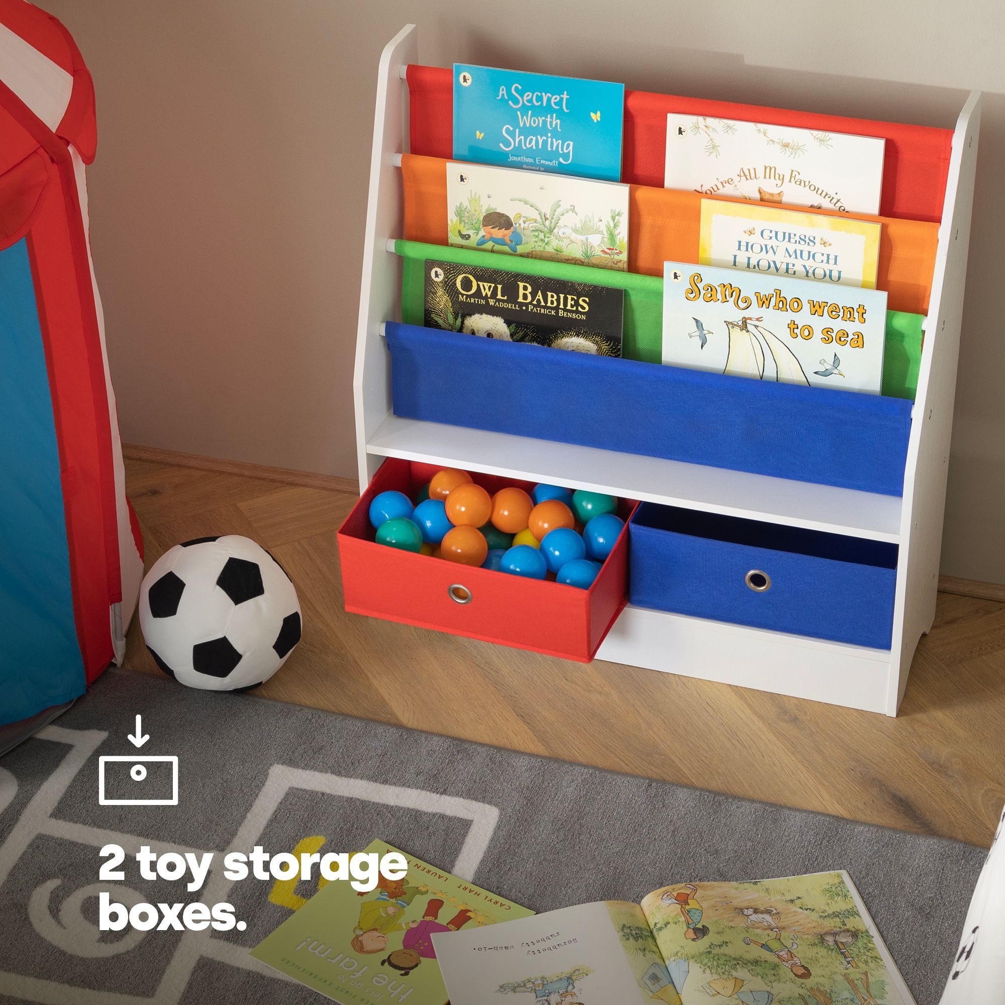 LIVIVO Children Bookcase Storage Rainbow Kids Sling Bookshelf with Toy Storage Boxes Nursery Bedroom