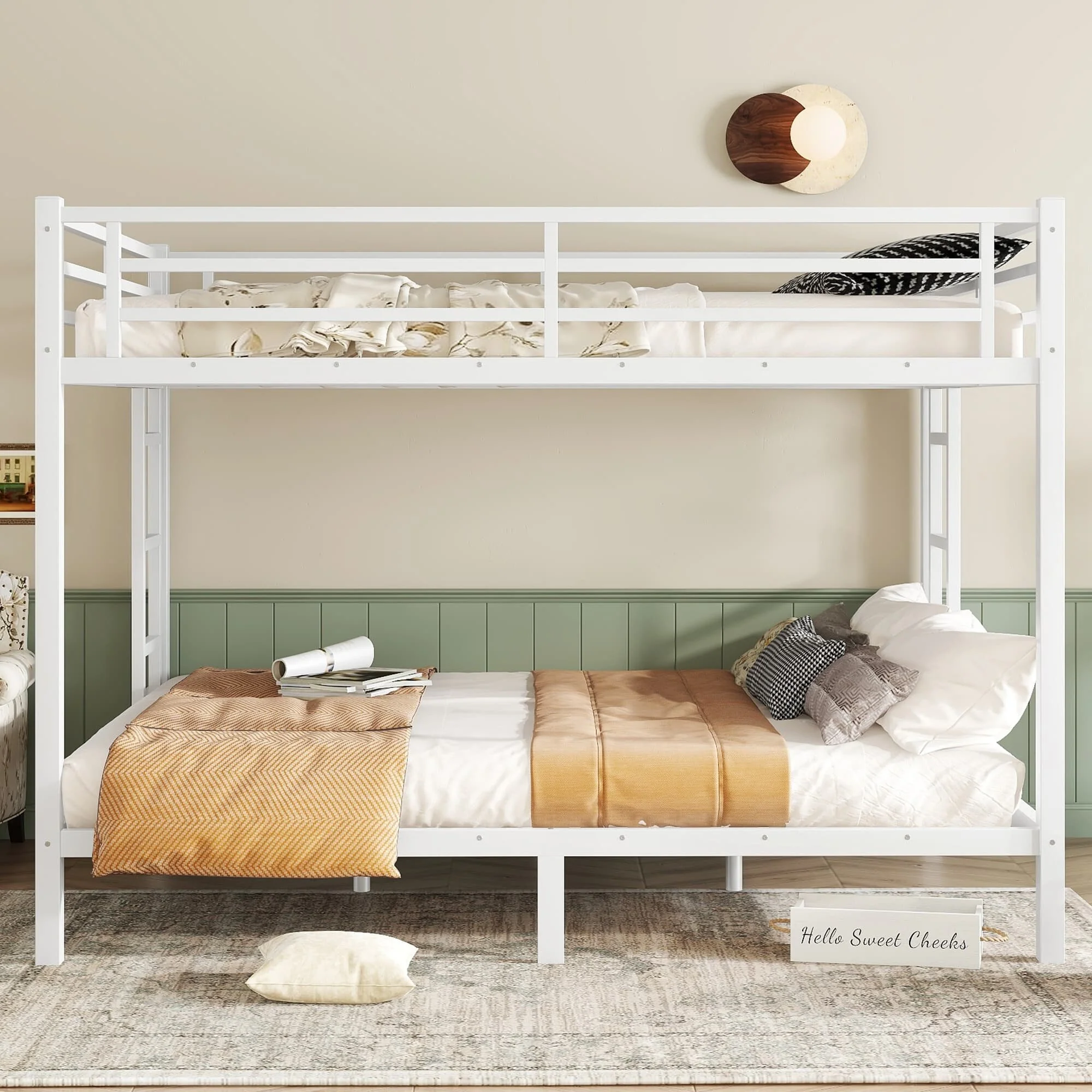 White Metal Queen over Queen Bunk Bed Frame with Slats, Side Ladder