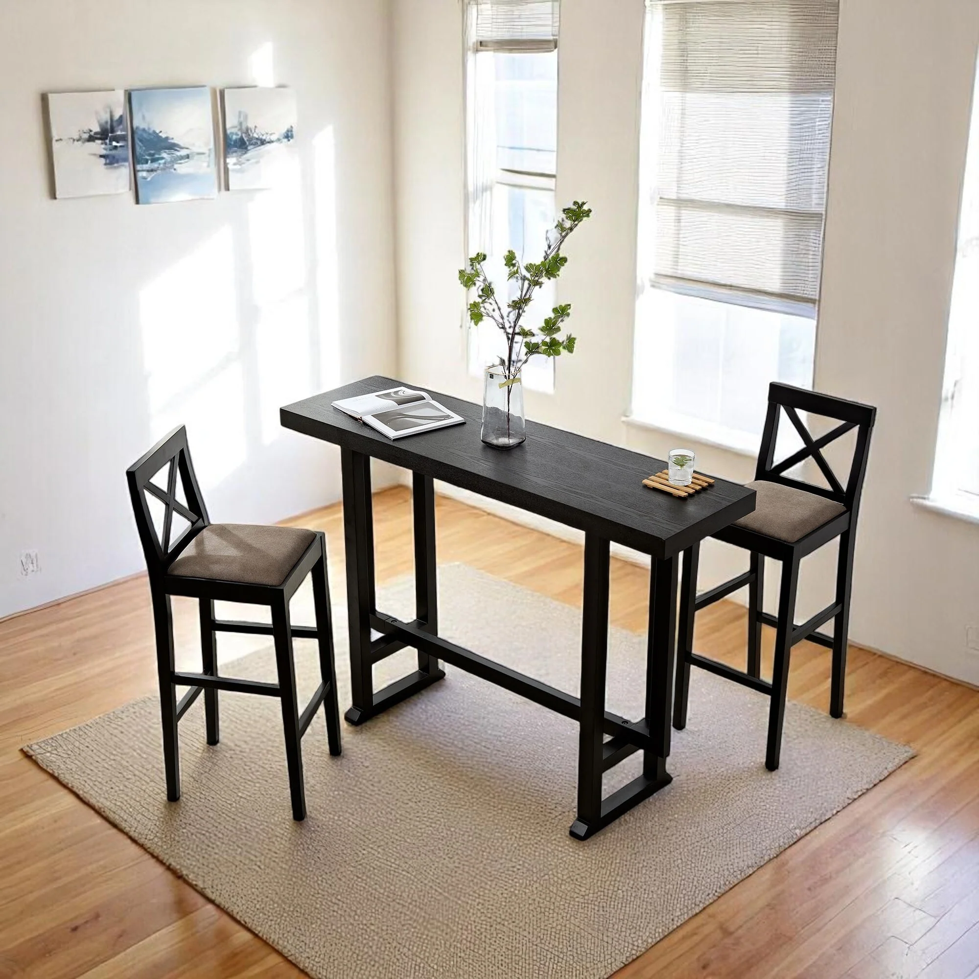 3-Piece High Top Bar Table and Chair Set, Solid Wood Frame Pub Table for Dining Room, Kitchen, 74 Rectangular Design