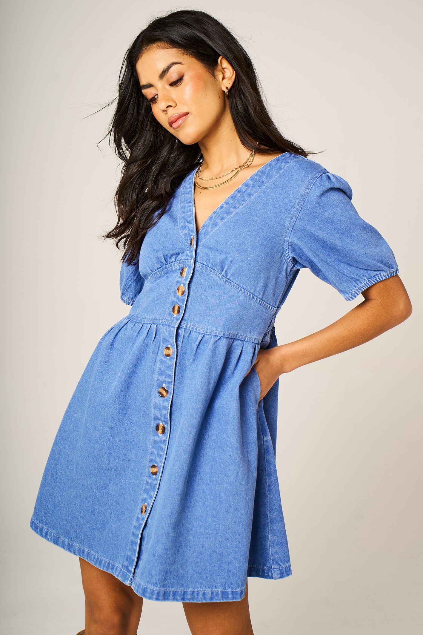 FS Collection Button-Front Denim Mini Dress with Shirred Waist