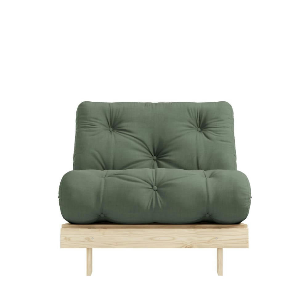 ROOTS - Fauteuil convertible 90x200cm en bois naturel et tissu vert olive