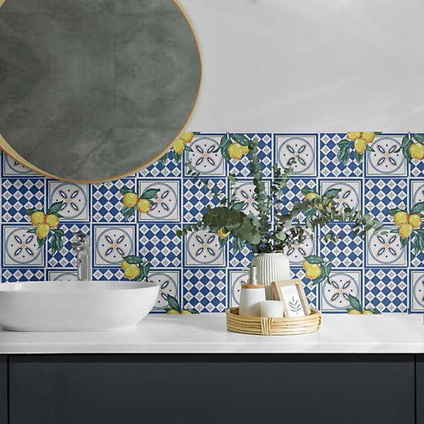 Panneau Mural TV Wallfluent 50x50 cm Motif Citron Sur Carreaux 4 pièces