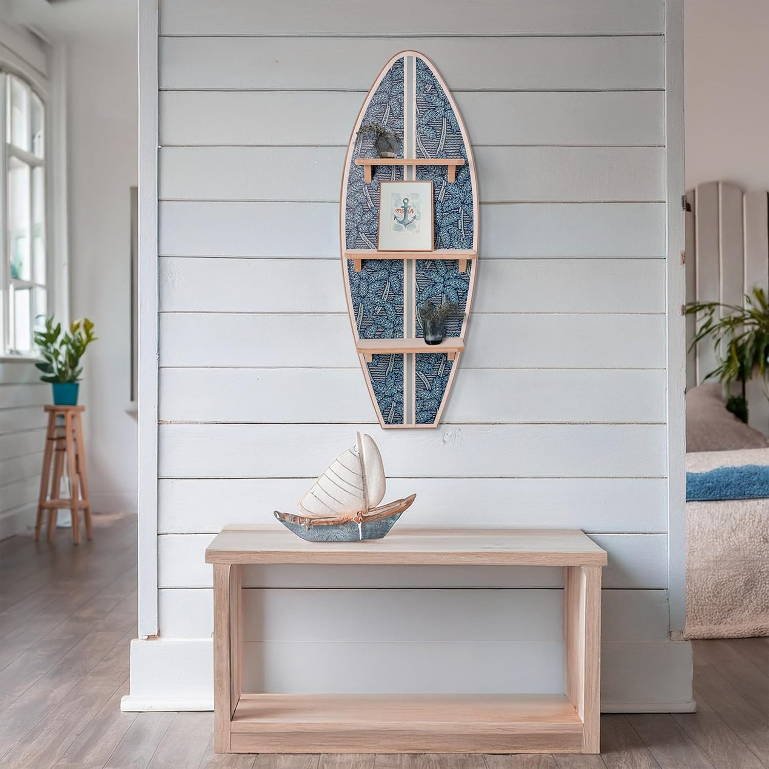 American Art Decor Kona Coast by Reyn Spooner Electric Palms - Navy Surfboard Printed Wall Shelf - 13 x 35