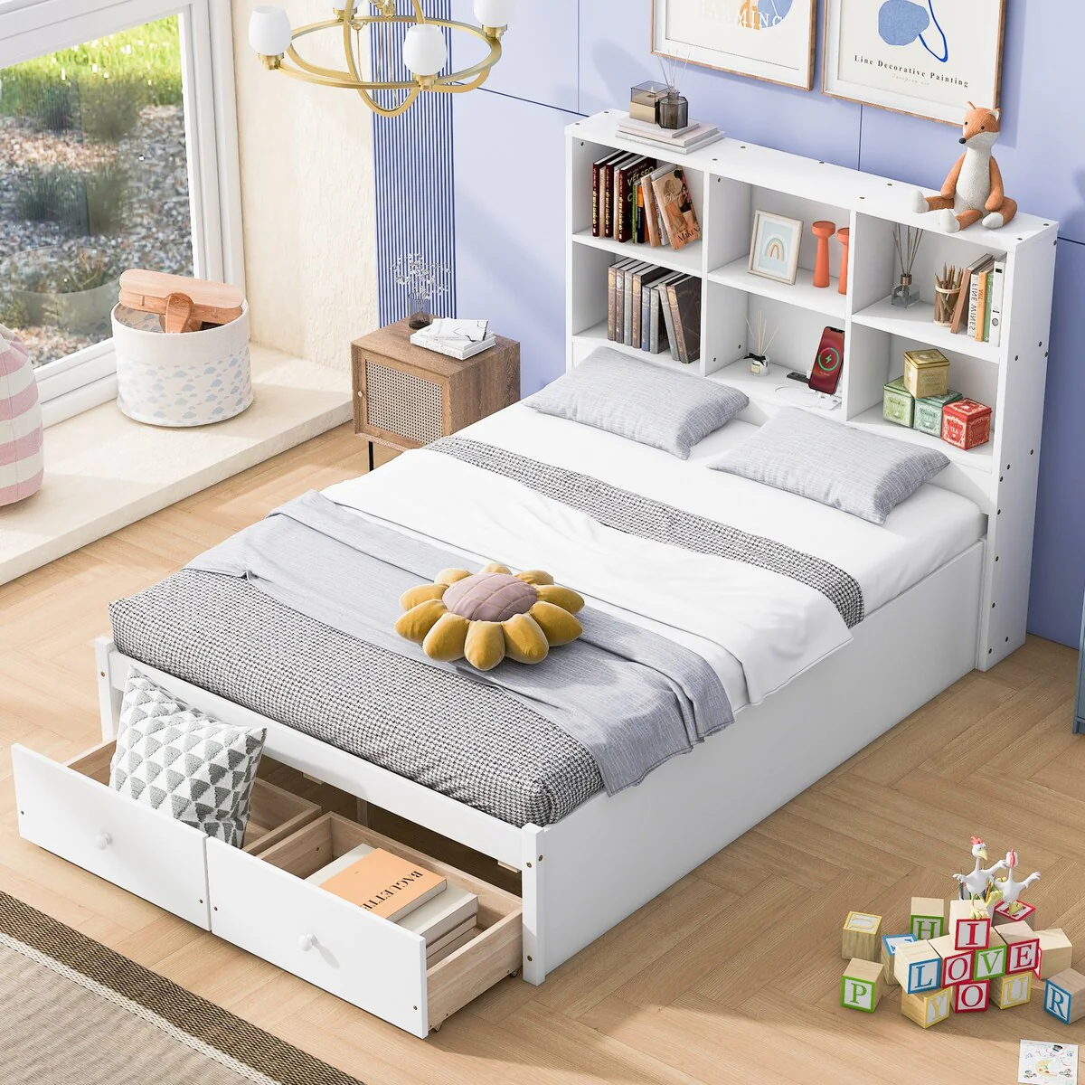 Full Size Platform Bed with Bookcase Headboard and 2 Storage Drawers, Wooden Full Storage Bed Frame with Charging Station